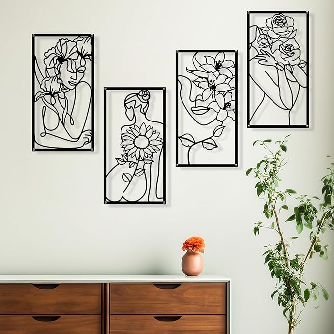 Zzbakress 4 Pcs Metal Minimalist Abstract Woman and Flower Wall Art Single Line Drawing Art Decor Minimalist Home Hanging Wall Decor for Bedroom Bathroom Living Room (style1, Black)
