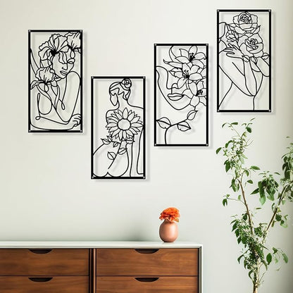 Zzbakress 4 Pcs Metal Minimalist Abstract Woman and Flower Wall Art Single Line Drawing Art Decor Minimalist Home Hanging Wall Decor for Bedroom Bathroom Living Room (style1, Black)
