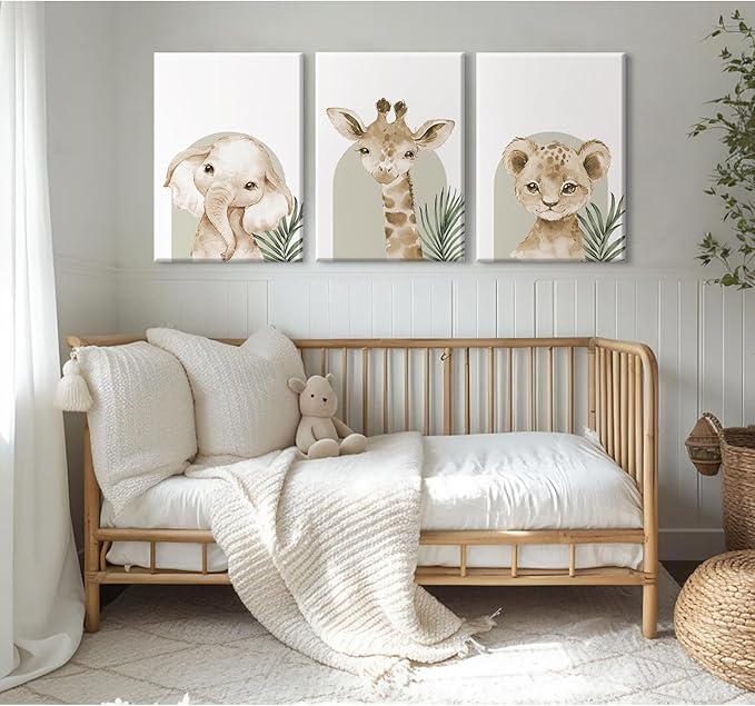Nursery Animal Wall Art Decor Safari Jungle Nursery Pictures Baby Boy Room Canvas Wall Decor Woodland Animals Prints Safari Giraffe Artwork for Boys Kids Bedroom 12x16 Inch Wrapped Canvas Set of 3