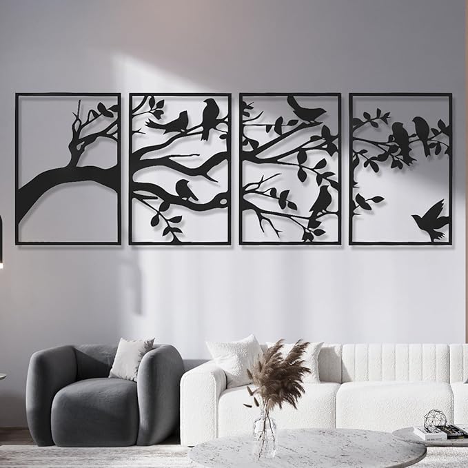 AMAATE Modern Abstract Wall Art Set, Black Metal Wall Decoration, 4-piece Hollow Iron Geometry Art for Living Room Home Decoration (Decorative Art, Tree of Life, 14.6" X 22.5" in)