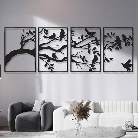 AMAATE Modern Abstract Wall Art Set, Black Metal Wall Decoration, 4-piece Hollow Iron Geometry Art for Living Room Home Decoration (Decorative Art, Tree of Life, 14.6" X 22.5" in)