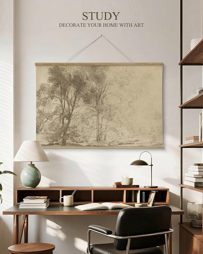 ARPEOTCY Extra Large Vintage Framed Wall Art, 36x54 Inch Two Sketch Trees Landscape Hanging Canvas Prints, Scroll Wall Art Decor for Living Room Bedroom, Retro Scenery Pictures Above of Bed