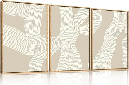 HPNIUB Large Abstract Beige Framed Canvas Prints Wall Art Set,Neutral Minimalist Lines Wall Decor,Modern Textured Artwork for Living Room, Bedroom,Dining Room, Office, Bathroom Decor-24 x36 x3