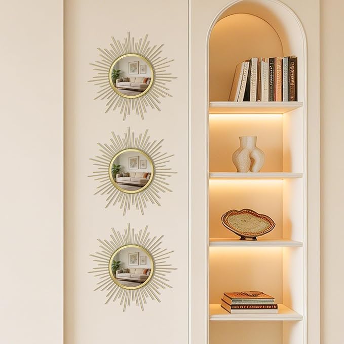 3 Set Sunburst Mirrors for Wall Decor Living Room Bedroom Bathroom Dining Room Metal Boho Sunburst Wall Mirror Set Gold Metal Vintage Circle Art Pack - Gold 11.8 in