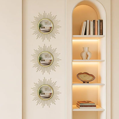 3 Set Sunburst Mirrors for Wall Decor Living Room Bedroom Bathroom Dining Room Metal Boho Sunburst Wall Mirror Set Gold Metal Vintage Circle Art Pack - Gold 11.8 in