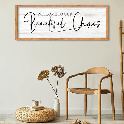 AuraPeak Welcome To Our Beautiful Chaos Sign Home Living Room Wall Decor Modern Family Rustic Farmhouse House Entryway Bedroom Hanging Horizontal Plaque Wall Art (Wood 40"×15")