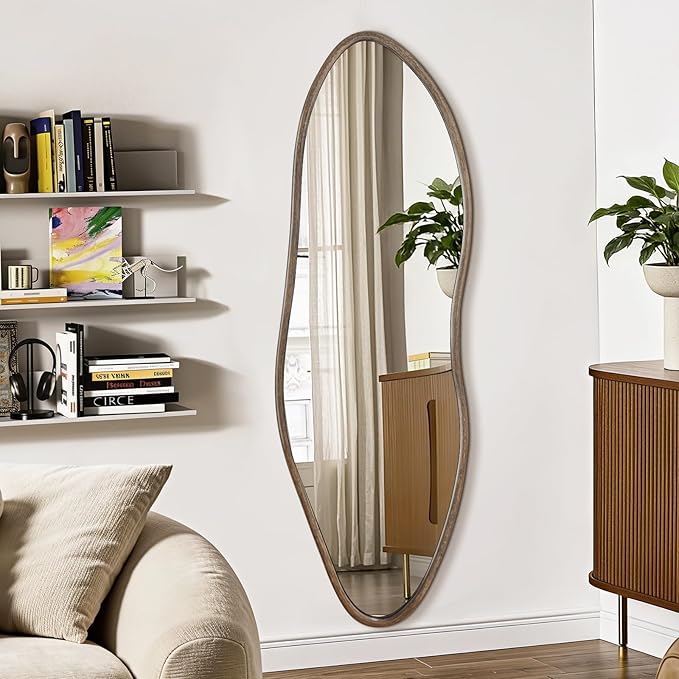 Irregular Full Length Mirror, 65"x22" Wooden Farmhouse Full Body Mirror, Large Asymmetrical Wall Mirrors for Living Room Entryway, Horizontal/Vertical, Vintage Walnut
