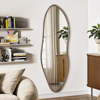 Irregular Full Length Mirror, 65"x22" Wooden Farmhouse Full Body Mirror, Large Asymmetrical Wall Mirrors for Living Room Entryway, Horizontal/Vertical, Vintage Walnut