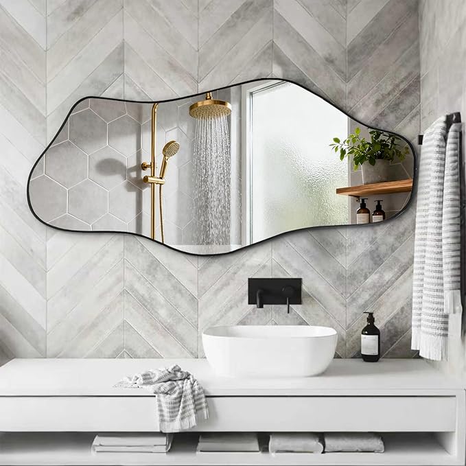 Irregular Wall Mirror, 40"x17.7" Asymmetrical Frameless Mirrors, Modern Cloud Shaped Mirrors for Living Room Bedroom Hallway Entryway, Horizontal or Vertical Hanging
