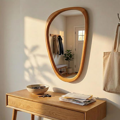 Solid Wood 30"x20" Irregular Asymmetrical Mirror, Japandi Boho Organic Shaped Decorative Accent Mirror, Small Natural Honey Walnut Wooden Wall-Mounted Mirror, Warm Walnut