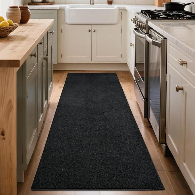 FinRèc 2x8 Washable Runner Rugs for Kitchen Hallway Bedroom, Low Pile Thin Rug Solid Color, Non-Slip Carpet Indoor for Home Decor (Pure Black)