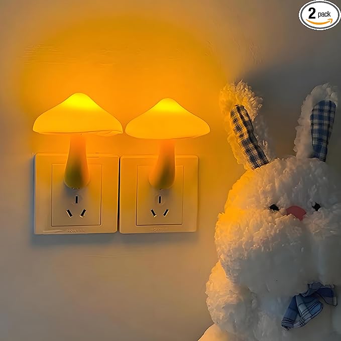 Sensor LED Mushroom Night Lights - 2Pack Plug into Wall Mushroom Lamp, Cute Mini Dream Bed Nightlight for Kids Adults for Home Office, Bedroom, Bathroom Toilet, Stairs, Hallway Corridor, Warm Yellow