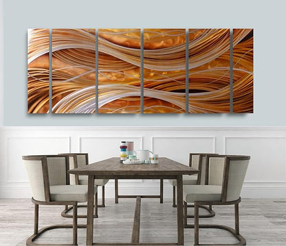 Yihui Arts 6-Piece Handcrafted Aluminum Abstract Wall Art, Modern Metallic Gold Silver Wavy Lines Panel Painting, Large Contemporary Home Decor for Living Room Office Hotel