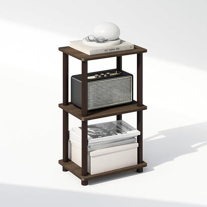 Furinno Turn-N-Tube Side Table, 2-Tier End Table with Open Shelf, Easy Assembly Night Stand, Bedside Table with Round Poles, for Living Room, Bedroom, Walnut