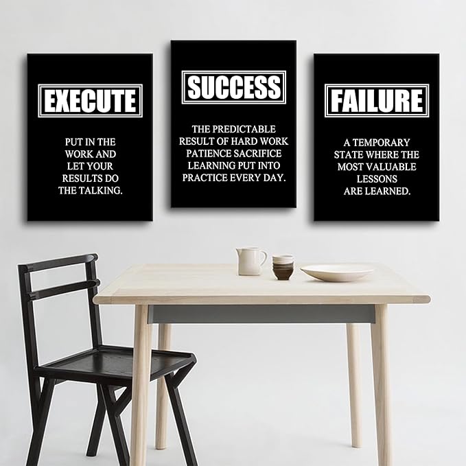 Motivational Poster Success Quote Inspirational Canvas Painting Wall Art Execute Failure Definition 3 Pieces Black Positive Framed Artwork Prints Picture for Living Room Office [36''W X 16''H]