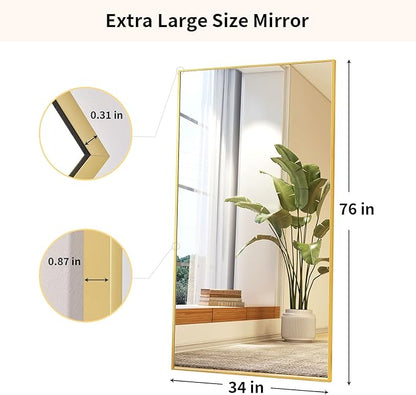 Easly Full Length Mirror with Stand 34"x76" Full Body Mirror Floor Mirror Standing Hanging or Leaning Wall, Wall Mirror with Stand Aluminum Alloy Frame for Living Room Bedroom Cloakroom,Gold