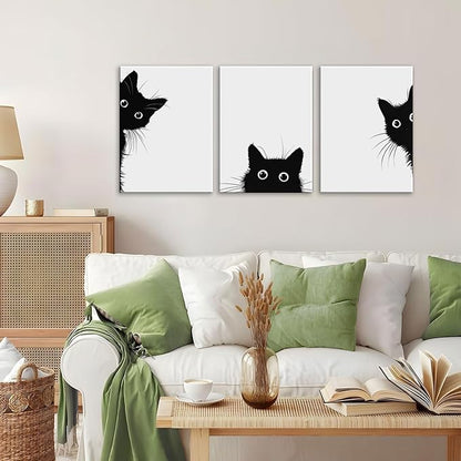 AOYUSMO 3 Piece Black Cat Canvas Wall Art Funny Animal Wall Art for Nursery Cute Picture Decor Minimalist Black And White Modern Prints for Children's Room Bedroom 16"x24" Framed