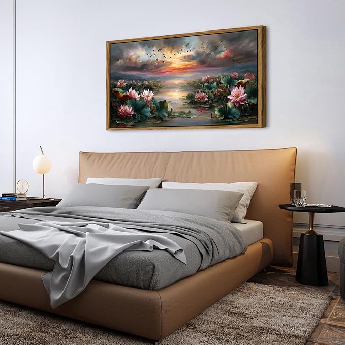 Zen Wall Art Framed Pink Lotus Flower Decor Abstract Blooming Botanical Canvas Prints Vintage Floral Pictures Nature Sunset Pond Landscape Modern Artwork for Bedroom Living Room Home Decoration 30x57.8"