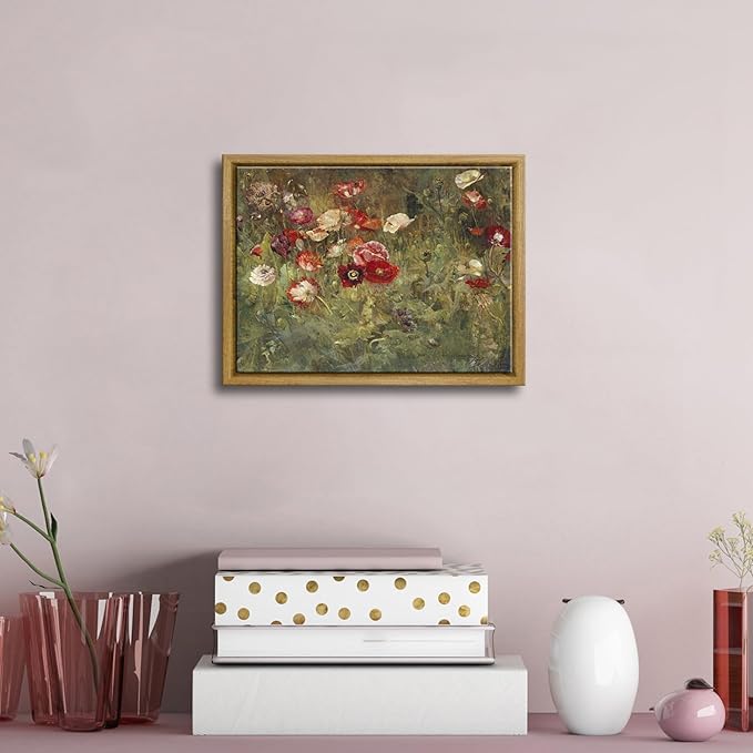 Pyradecor Vintage Wall Art A Bed of Poppies Canvas Prints Retro Framed Canvas Wall Art Classical Floral Paintings for Bedroom Kitchen Office Decorations
