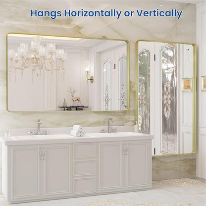 WEER Gold Bathroom Mirror, 50X30 Inch Brushed Gold Metal Frame Mirror, Rounded Rectangle Gold Bathroom Vanity Mirror for Wall, Tempered Glass, Anti-Rust, Hangs Horizontally or Vertically