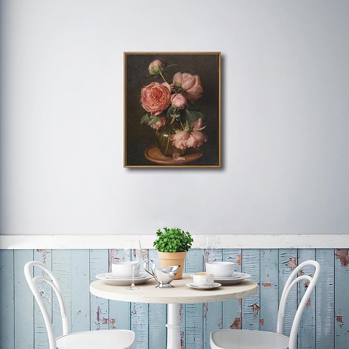Pyradecor Vintage Framed Wall Art Large Living Room Decor Pfingstrosen Canvas Prints Classical Floral Painting for Bedroom Farmhouse Office Decorations
