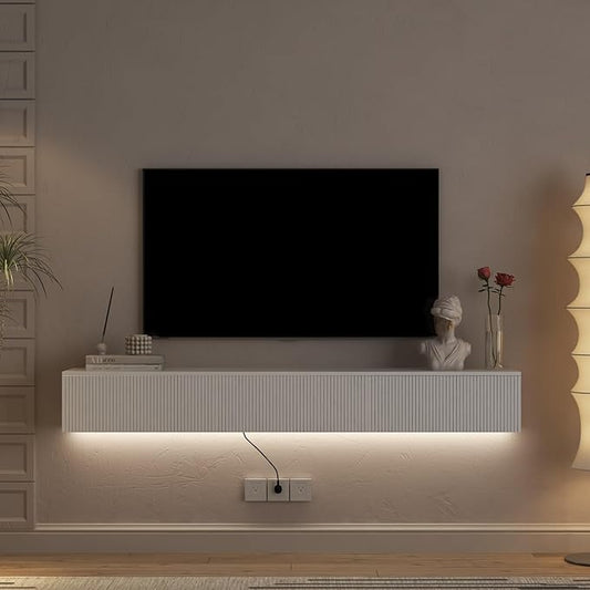 KEIKI 9.17" H x 68.8" L Floating TV Stand Wall Mounted with 16 Color LEDs & Power Outlets for TVs Up to 70 Inch, Wooden Media Console Entertainment Center Television Table Cabinet for Living Room