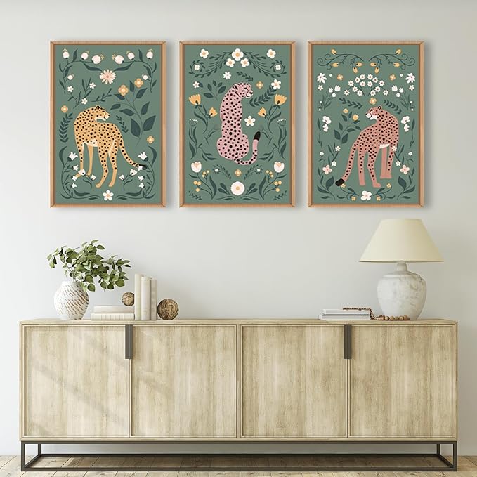 KAIRNE Sage Green Cheetah Framed Canvas Wall Art Set,Boho Leopard Floral Wall Decor,Abstract Animal Wildflower Art Prints,Modern Botanical Artwork for Living Room,Bedroom,Farmhouse,Office-16 x24 x3