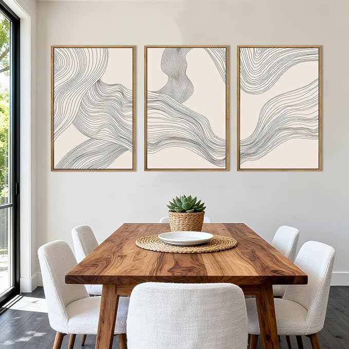 Beige Abstract Wall Art Framed Neutral Modern Canvas Wall Decor Minimalist Line Wave Painting16x24 Inch Pictures Set of 3 for Living Room Bedroom Dining Room
