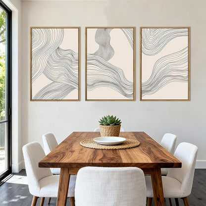 Large Beige Abstract Wall Art Framed Neutral Modern Canvas Wall Decor Minimalist Line Wave Painting 24x36 Inch Pictures Set of 3 for Living Room Bedroom Dining Room
