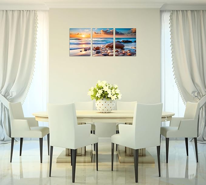 TutuBeer 3 Panels Sea Pictures for Wall Pictures of the Beach Blue Sea Sunset White Beach with Stone Print on Canvas Ocean Picture Wall Decor for Home Decor Decoration Ready to Hang 12x24inchx3