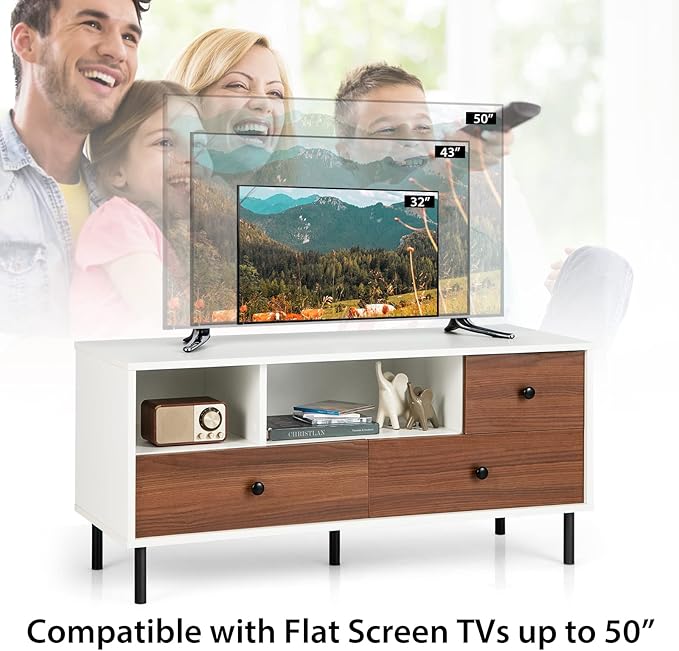 Tangkula Farmhouse TV Stand for 50-inch TVs, Modern Flat Screen Console Table with 2 Cubbies & 3 Large Drawers, Entertainment Center Storage Cabinet for Living Room (White & Walnut)