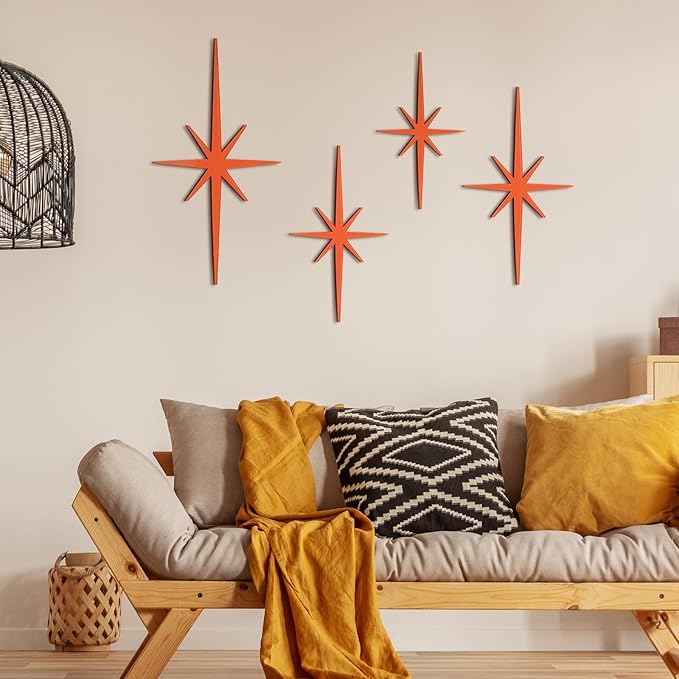 Blulu 4 Pcs Cast Iron Starburst Shaped Wall Decor Metal Mid Century Modern Decor Retro Atomic Stars Wall Art Elegance Accents Vintage Celestial Whimsigoth Hangings for Home Office Room(Orange)