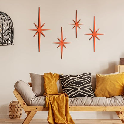 Blulu 4 Pcs Cast Iron Starburst Shaped Wall Decor Metal Mid Century Modern Decor Retro Atomic Stars Wall Art Elegance Accents Vintage Celestial Whimsigoth Hangings for Home Office Room(Orange)