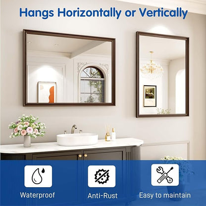 WEER Retro Copper Bathroom Mirror, 40x30 Inch Bronze Oil Rubbed Framed Mirror, Rectangle Classic Vintage Framed Wall Mirror, Farmhouse Vanity Mirror, Tempered Glass, Vertically or Horizontally