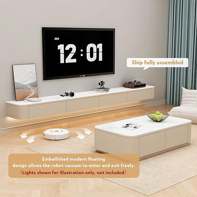 118" Floating TV Stand Fully Assembled, Wall Mounted Entertainment Center Media Console Cabinet with Curved Edge, Floating TV Console Table with Storage Drawers & Door, for Living Room TVs