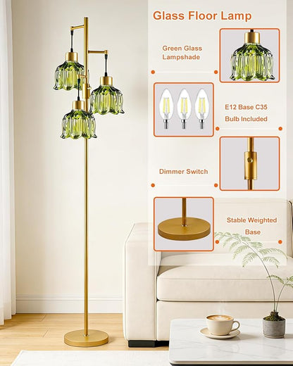 3-Light Modern Glass Floor Lamp, Gold Standing Tall Lamp with Green Vertical Rib Glass Shade for Reading, Dimmable LED Floor Lamp with 5Lbs Heavy Base for Living Room Bedroom Home Decor, Bulb Included