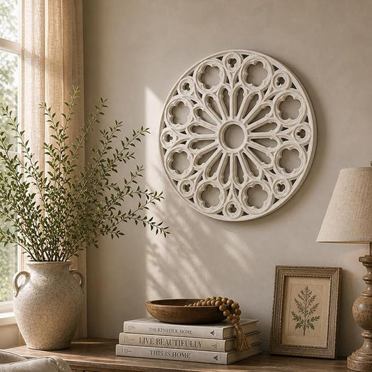 XIAOAIKA Wood Round Decorative Wall Sculpture, Hand-Carved Floral Geometric Design with Distressed White Finish, Vintage Farmhouse Boho Wall Art for Living Room Bedroom Hallway, 16 Inch