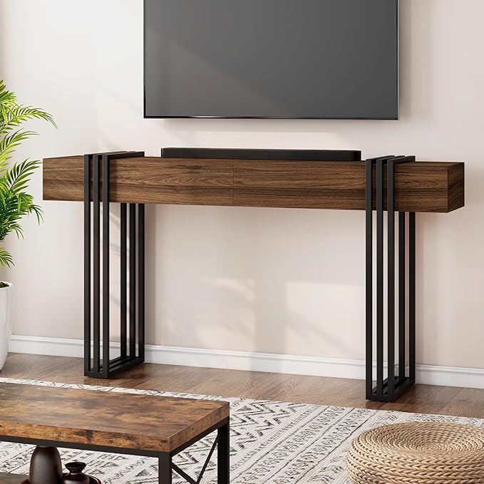 knoworld 63 Inch Console Table for Entryway, Industrial Sofa Tables Couch Table Behind Sofa for Living Room Hallway Foyer, Walnut