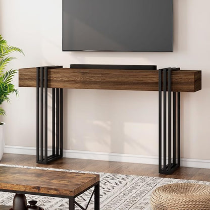 knoworld 63 Inch Console Table for Entryway, Industrial Sofa Tables Couch Table Behind Sofa for Living Room Hallway Foyer, Walnut