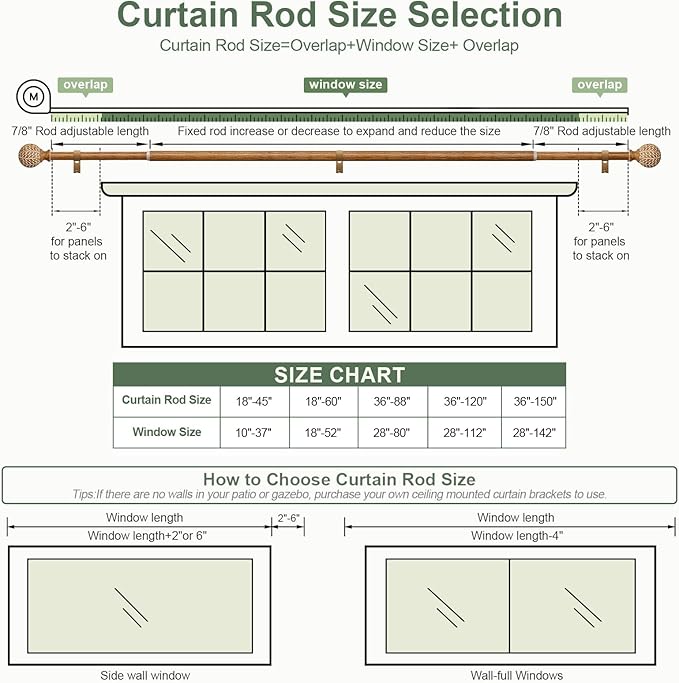 QDWIS Wood Curtain Rods for Windows 66 to 120 Inch,1'' Diameter Drapery Rods with Imitation Wood Grain Leaf Pattern Finials,Boho Adjustable Heavy Duty Curtain Rods Set,36-120'',Color:Natural Wood