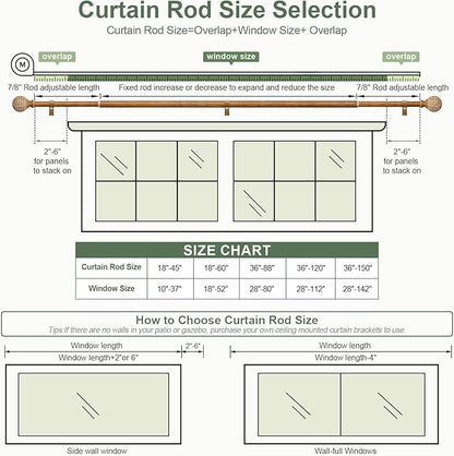 QDWIS 2 Pack Wood Curtain Rods for Windows 28 to 48 Inch,1'' Diameter Drapery Rods with Imitation Wood Grain Leaf Pattern Finials,Boho Adjustable Heavy Duty Curtain Rods Set,18-60'',Color:Natural Wood
