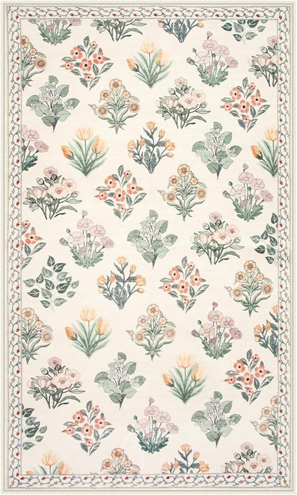 Wonnitar Floral Machine Washable 3x5 Rug, Small Area Rug for Kids Bedroom Nursery, Ultra-Thin Non Slip Soft Moroccan Throw Carpet for Dorm Living Room Large Entryway, Cream Beige