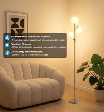Fiqevs Mid Century Modern 3 Globe Tree Floor Lamp - Dimmable LED Standing Lamp with Bulbs, Warm Light for Living Room Bedroom Office - Antique Brass/Gold