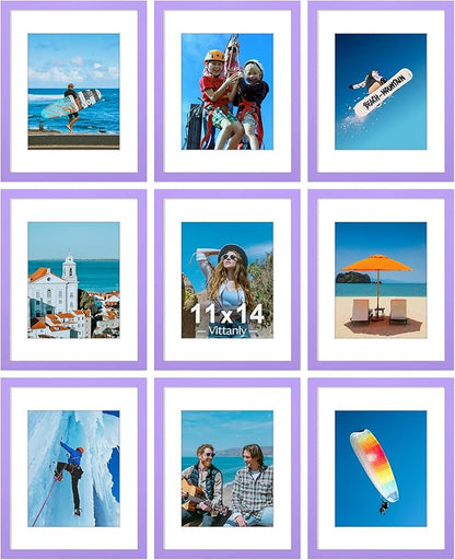 Vittanly 11x14 Picture Frames Set of 9, Display 8x10 Pictures with Mat or 11x14 without Mat, Photo Frames for Wall or Tabletop with Plexiglass, Engineered Wood, Purple