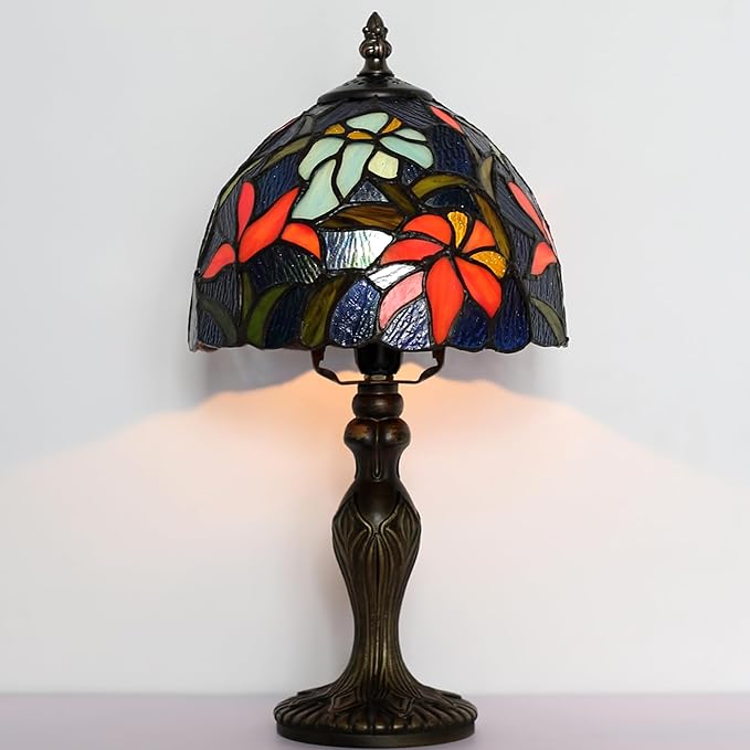 Tiffany Style Lamp Stained Glass Table Lamp 8" x 14.5" Mini Accent Light Irises Design Small Decorative Bedside Memory Lamp