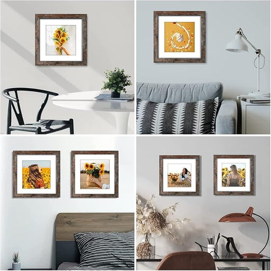12x12 Picture Frame Rustic Brown Wood Set of 6,Display Square Pictures 8x8 with Mat or 12x12 Without Mat,Multi Photo Frames Collage for Wall - Gallery Wall Frame Set