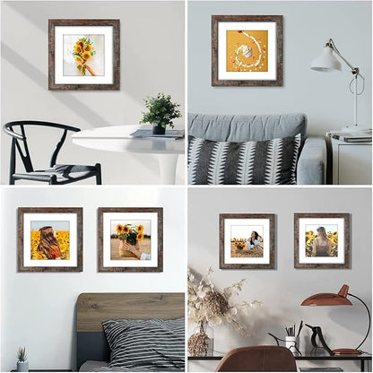 8x8 Picture Frame Distressed Rustic Brown Wood Set of 6,Display Pictures 5x5 with Mat or 8x8 Without Mat,Multi Photo Frames Collage for Wall or Tabletop Display