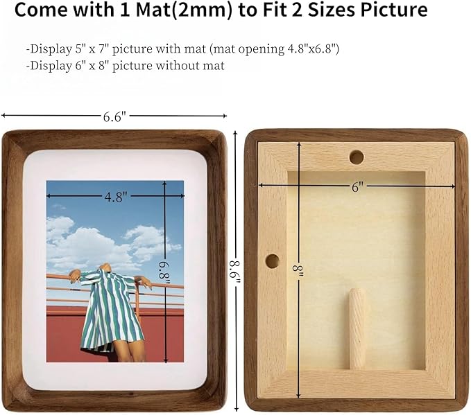 FLECHAZO 6x8 Picture Frame Wood with 5x7 Mat, Natural Solid Walnut Wooden 6 by 8 Photo Frames for Tabletop or Wall Mounting Display