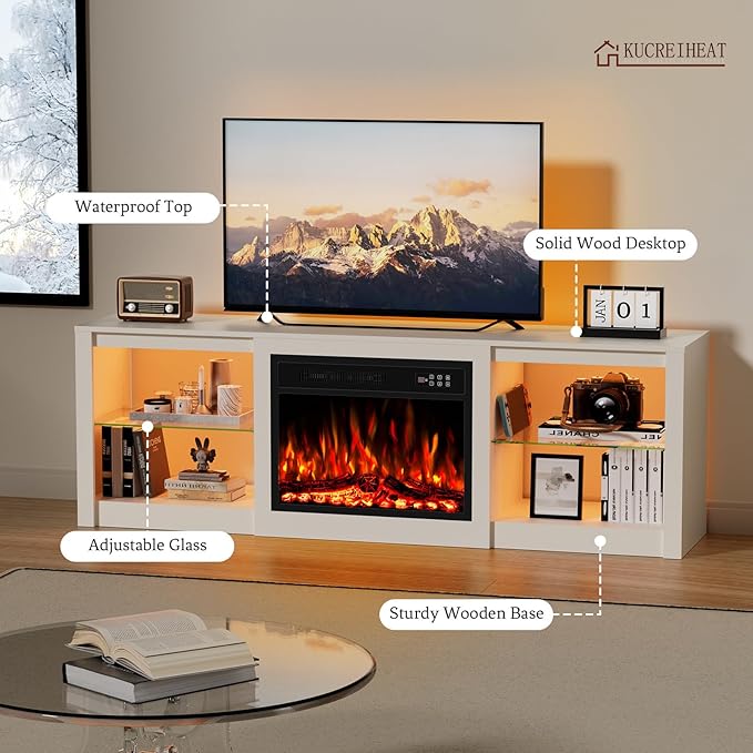 Kucreiheat 70'' TV Stand Fireplace-Entertainment Center with 23'' Fireplace, LED Light for 80 inch TV-White Fireplace Stand with Adjustable Glass Shelves, Modern TV Console for Living Room/Bedroom