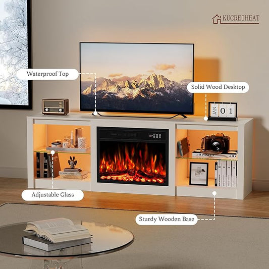 Kucreiheat 70'' TV Stand Fireplace-Entertainment Center with 23'' Fireplace, LED Light for 80 inch TV-White Fireplace Stand with Adjustable Glass Shelves, Modern TV Console for Living Room/Bedroom